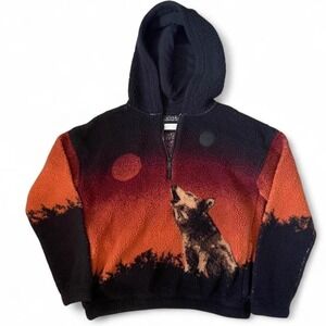 Abercrombie Kids Sherpa Hoodie Jacket Size 11/12‎ Wolf Howl Moon Graphic 1/4 Zip